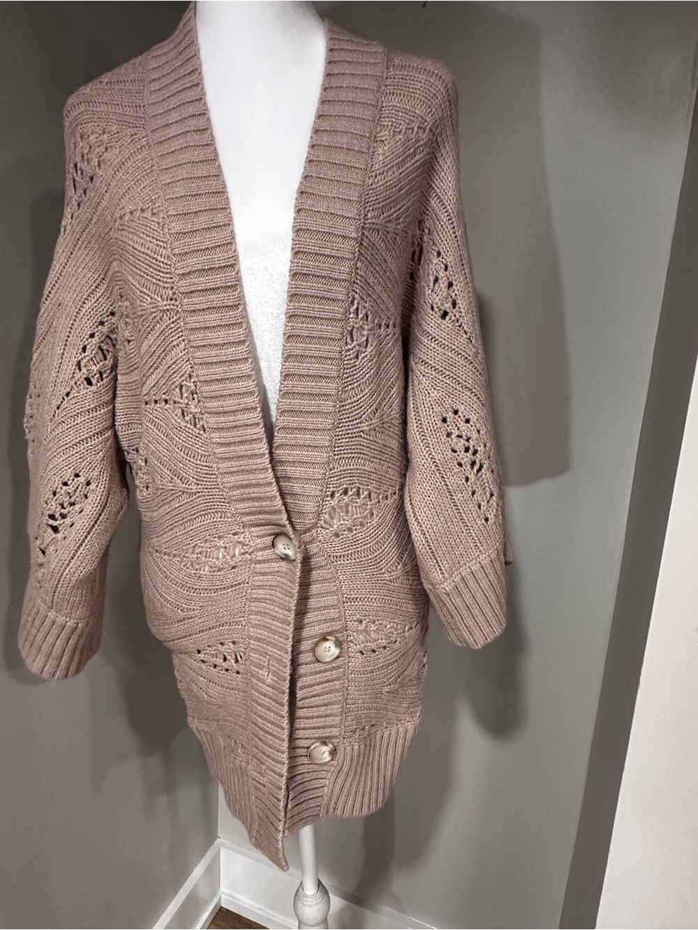 Club Monaco Taupe Open-Front Knit Cardigan with Buttons. Size M